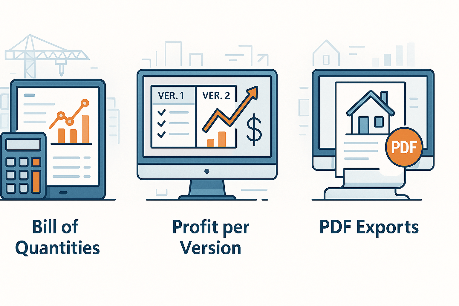 Construction estimating tools including Bill of Quantity, Profit per Version, and PDF export.