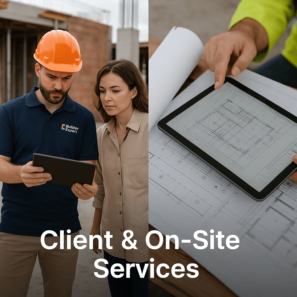 On-site services builder expert Builder Expert professional providing construction estimating on-site and reviewing plans with a client.