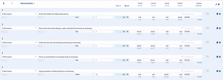 Task-level calculation sheet with updated values based on profit per version in construction estimating software.